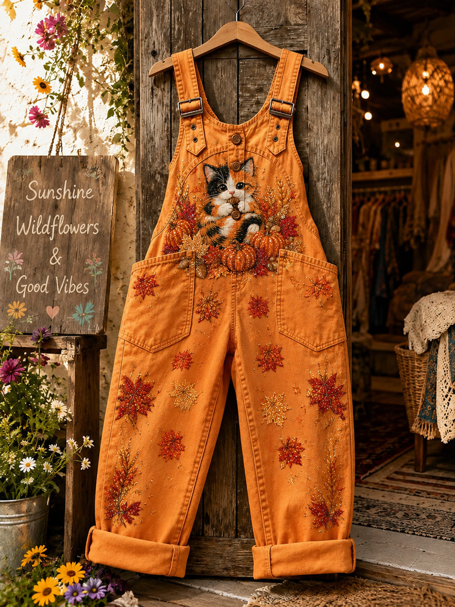 Women's Retro Style Art Print Washed Cotton Denim Patchwork Jumpsuit